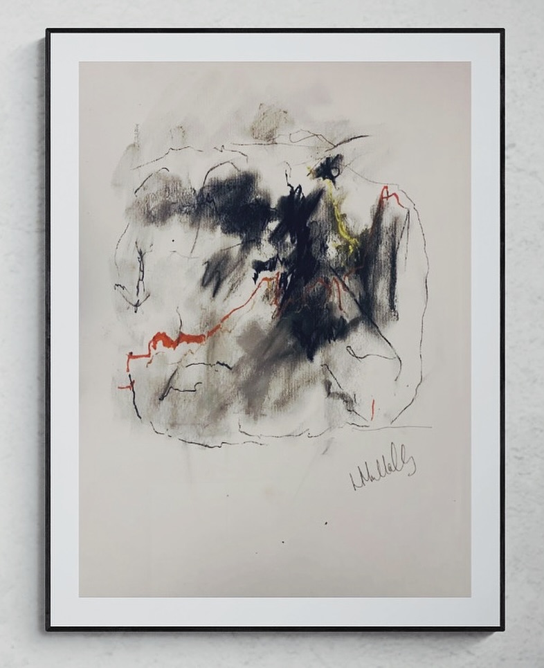 "Still But Not Quiet" Abstract artwork featuring dark tones and bold red and yellow accents.