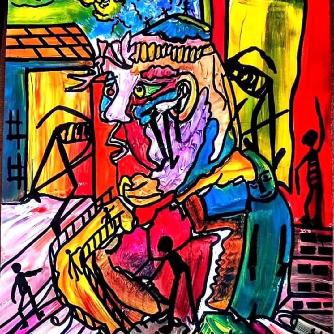 Abstract artwork featuring vibrant colours and abstract figures, expressing emotion and movement.