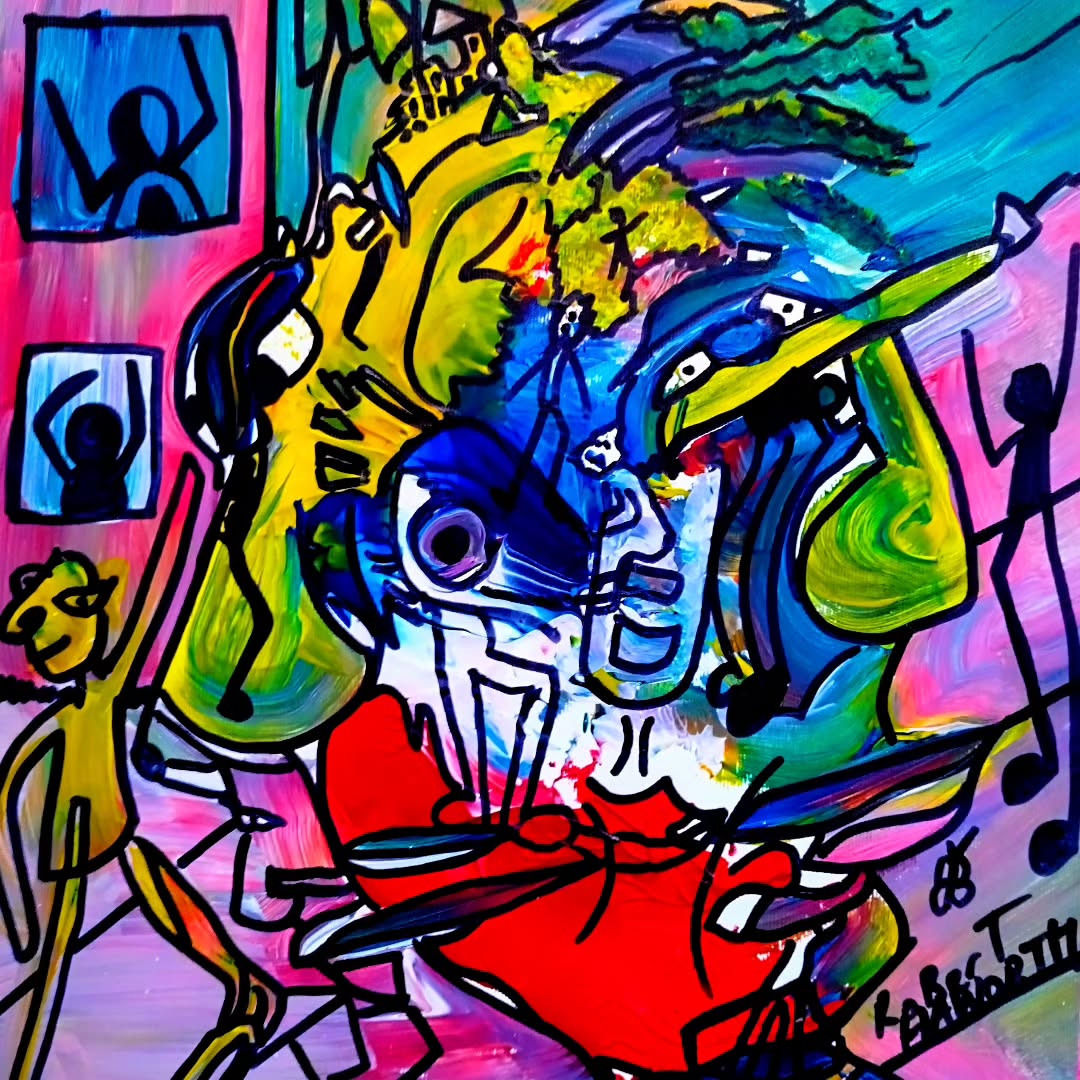 Abstract artwork featuring vibrant colours and dynamic figures in motion.