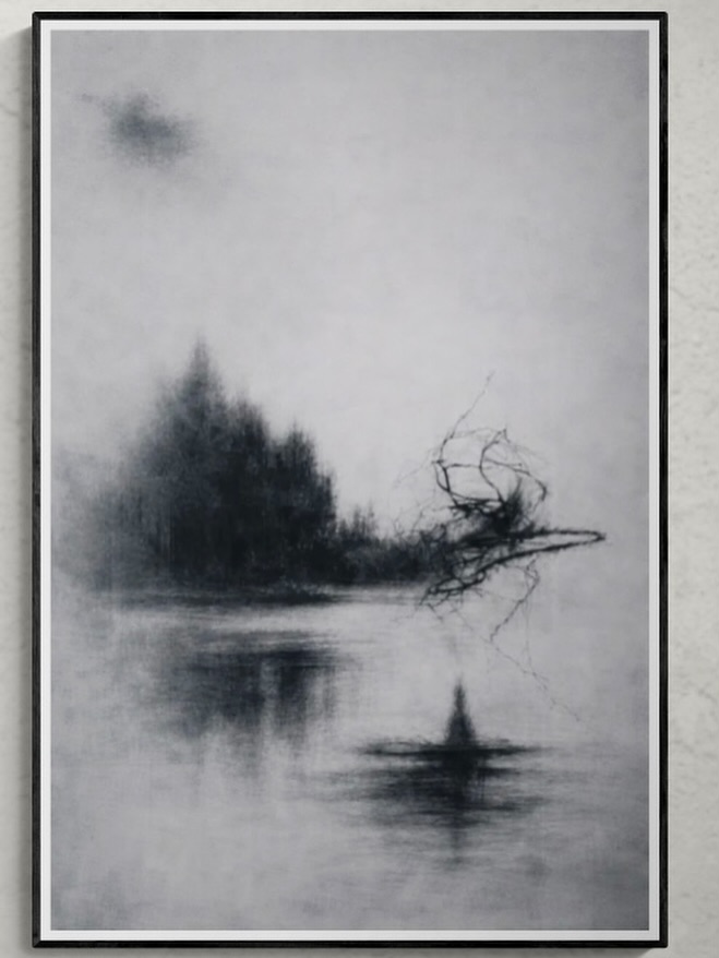 "Pool Of Shadows" A misty landscape featuring a silhouetted island and a figure on calm waters.
