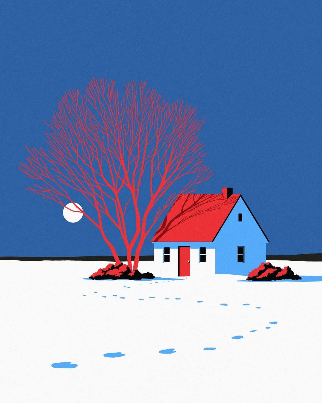 A blue house with a red door beside a red tree and footprints in snowy white ground.
