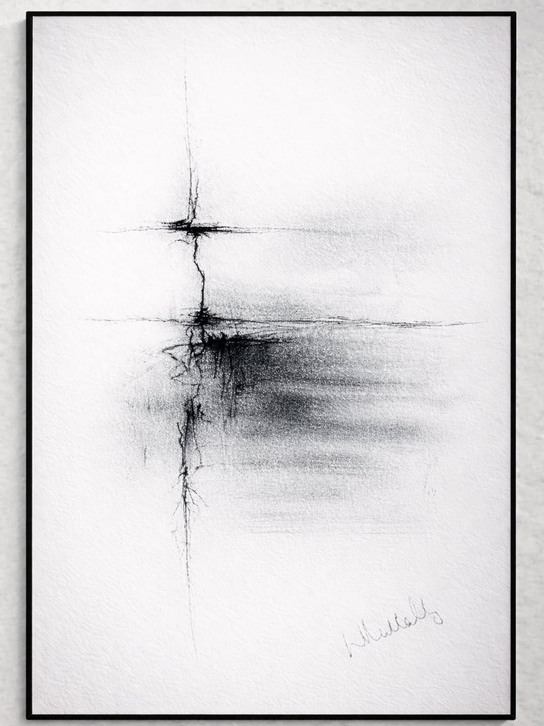 "Trying To Stay Intact" Abstract black and white artwork featuring blurred lines and a central focal point.