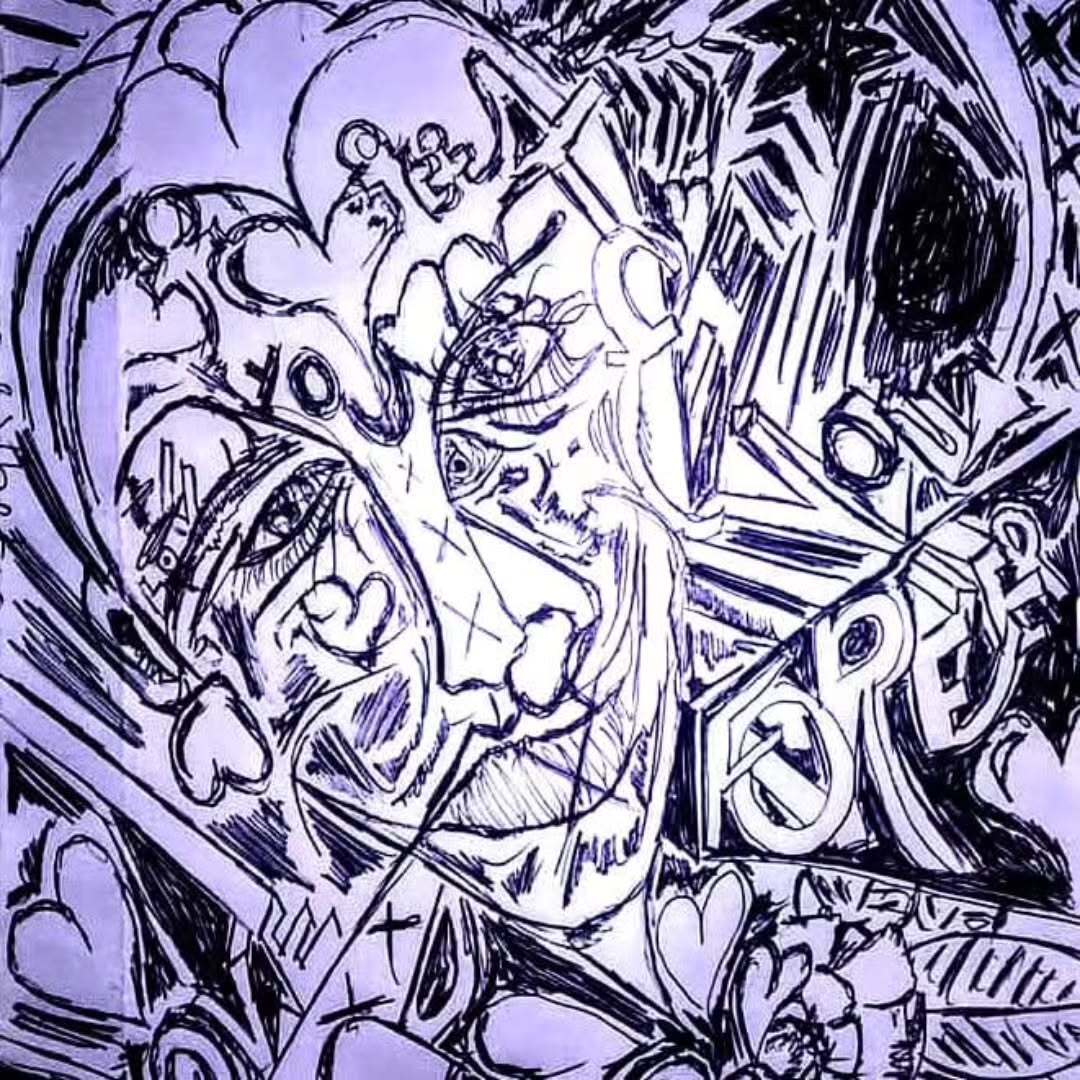 Abstract monochrome artwork featuring distorted faces and expressive lines.