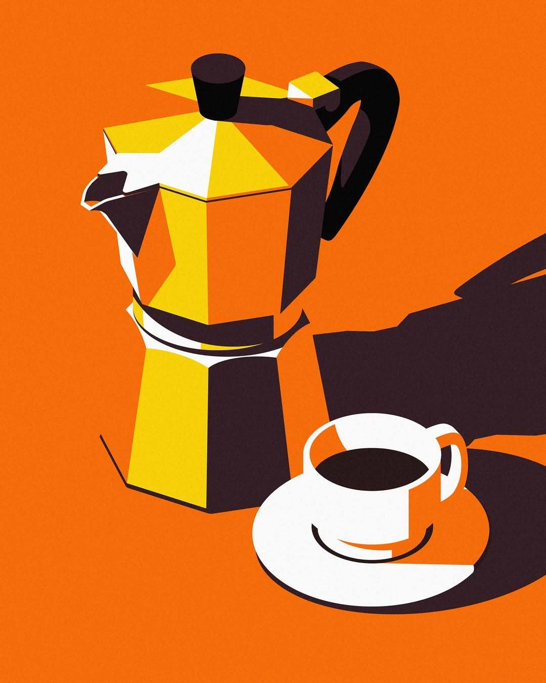 Yellow stovetop coffee maker next to a white cup on an orange background.