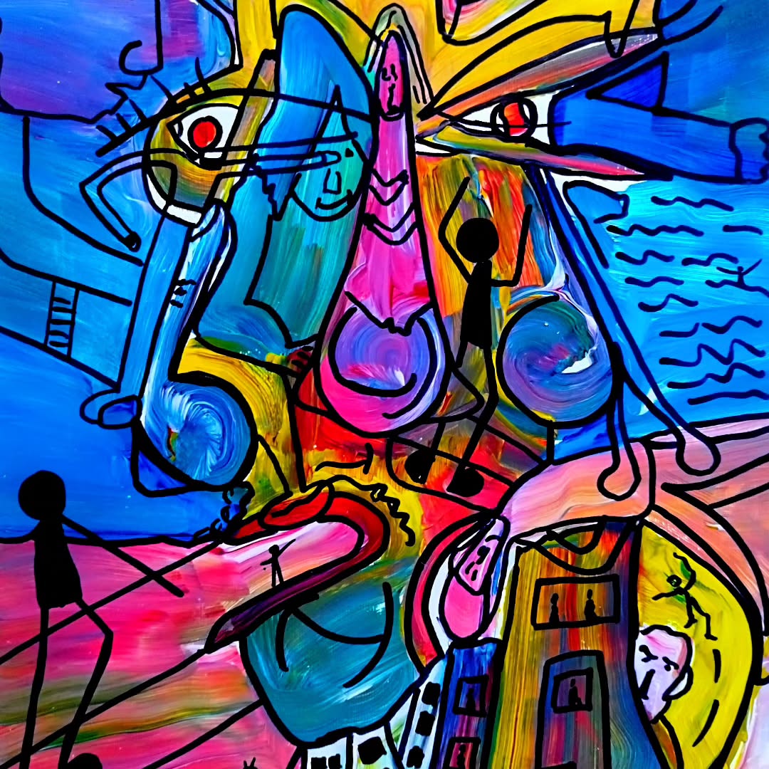 Abstract artwork featuring vibrant colours and abstract figures intertwined with geometric shapes.
