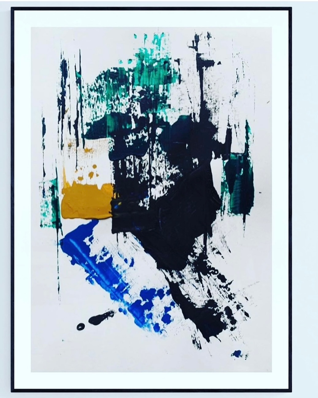 "Something Doesn't Feel Right" Abstract painting featuring bold strokes of blue, green, black, and a touch of yellow.
