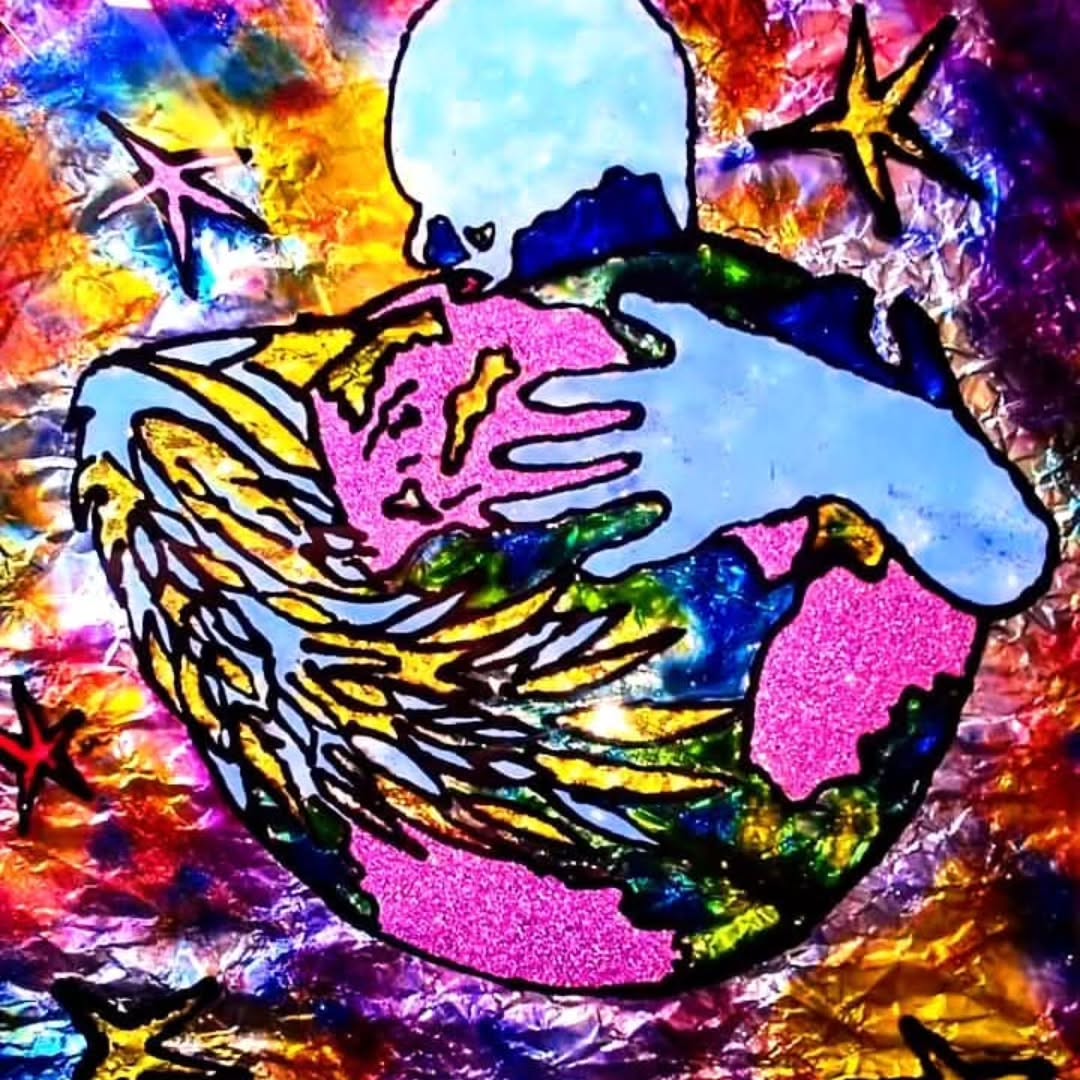 Abstract artwork featuring a figure embracing a vibrant, multicoloured globe with wings.